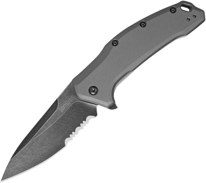 Kershaw Link Linerlock A/O Gray Aluminum BlackWash Serrated 420HC - Knives.mx