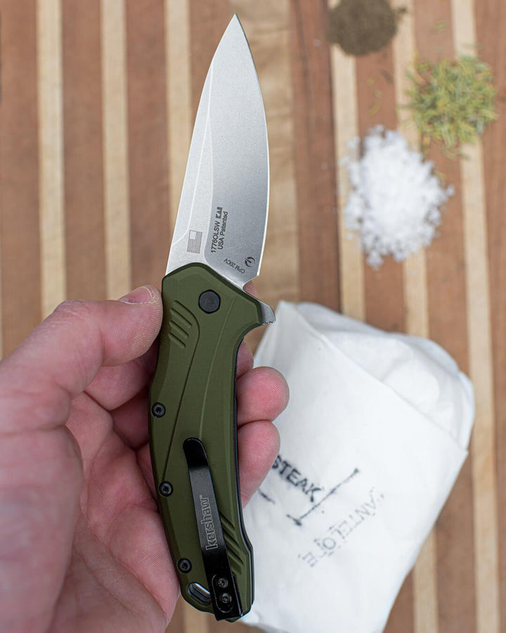 Kershaw Link Linerlock A/O Olive Aluminum Stonewash CPM-20CV - Knives.mx