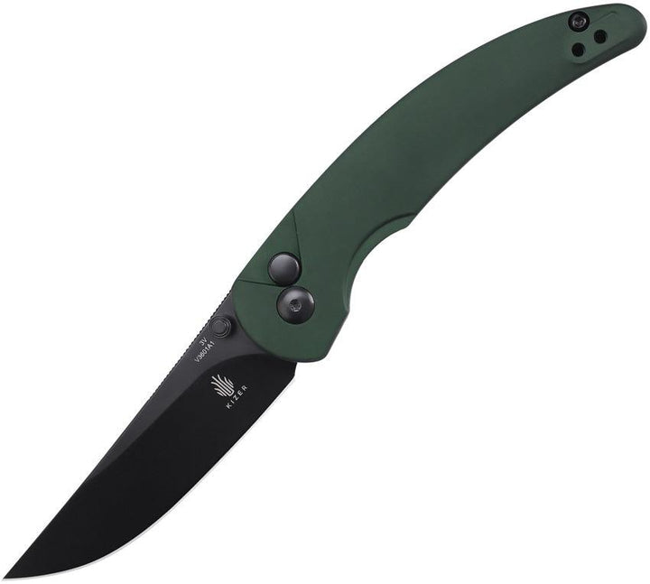 Kizer Cutlery Chili Pepper Button Lock Green Aluminum Black CPM-3V - Knives.mx