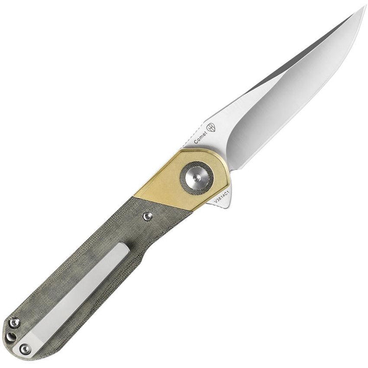 Kizer Cutlery Comet Linerlock Green Brass + Micarta 154CM - Knives.mx