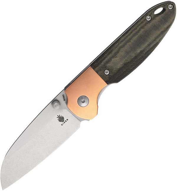 Kizer Cutlery Deviant Linerlock Green Micarta Copper Bolsters Stonewash & Satin Bohler M390 - Knives.mx