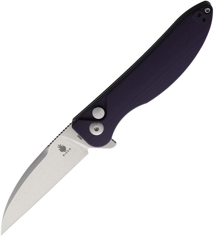 Kizer Cutlery Sway Back Button Lock Purple G10 Stonewash Bohler N690 - Knives.mx