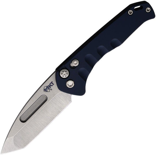 Medford Auto Swift Button Lock Blue Anodized Titanium Tumbled Tanto D2 Steel - Knives.mx