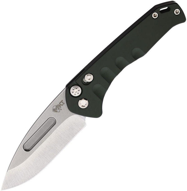 Medford Auto Swift Button Lock Green PVD Coated Titanium Tumbled S35VN - Knives.mx