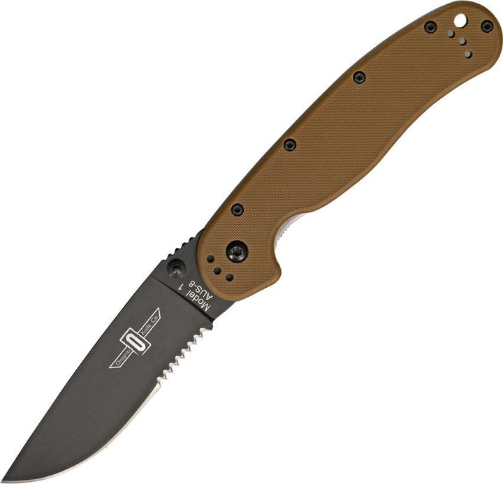 Ontario Rat I Coyote Brown Nylon Black Serrated AUS-8 - Knives.mx