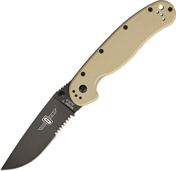 Ontario Rat I Desert Tan Nylon Black Serrated AUS-8 - Knives.mx