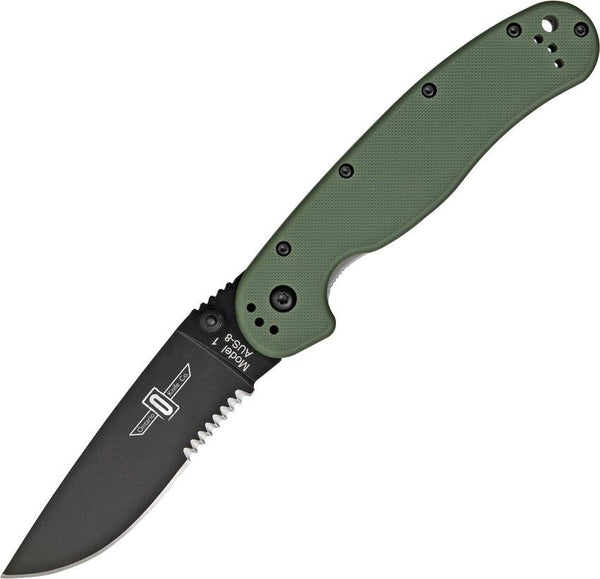 Ontario Rat I OD Green Nylon Black Serrated AUS-8 - Knives.mx