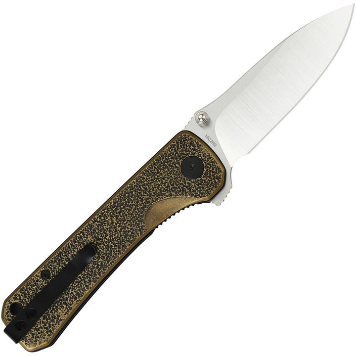 QSP Knife Hawk Linerlock Textured Antique Brass 14C28N Sandvik - Knives.mx