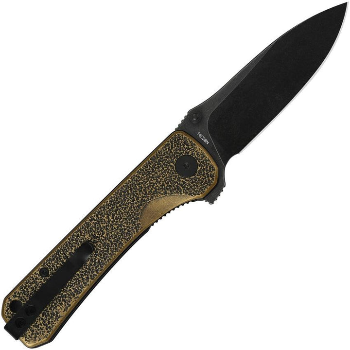 QSP Knife Hawk Linerlock Textured Antique Brass Black Stonewash 14C28N Sandvik - Knives.mx