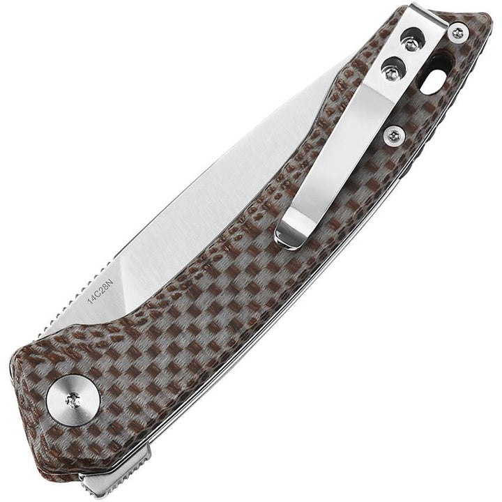 QSP Knife Leopard Linerlock Brown Textured Micarta Satin 14C28N Sandvik - Knives.mx