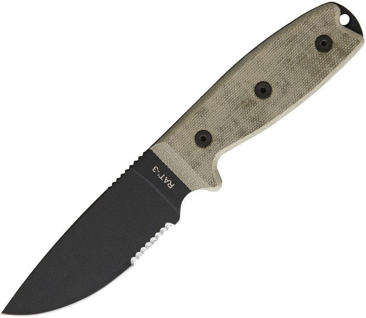 RAT-3 w/Nylon Sheath Green canvas Micarta Serrated 1095HC - Knives.mx