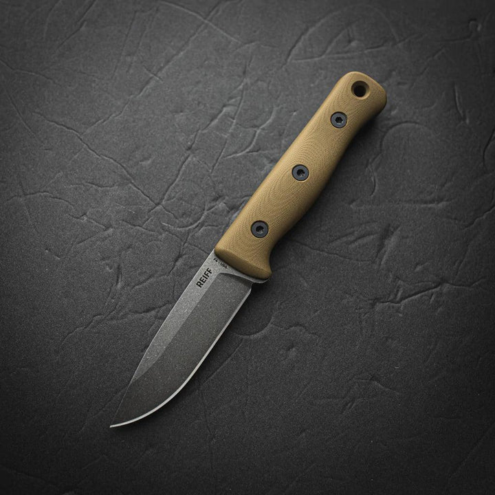 Reiff Knives F4 Bushcraft Survival Knife Coyote Tan G10 Acid Stonewash CPM 3V (kydex sheath) - Knives.mx