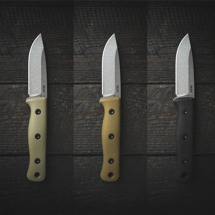 Reiff Knives F4 Bushcraft Survival Knife Coyote Tan G10 Acid Stonewash CPM 3V (leather sheath) - Knives.mx