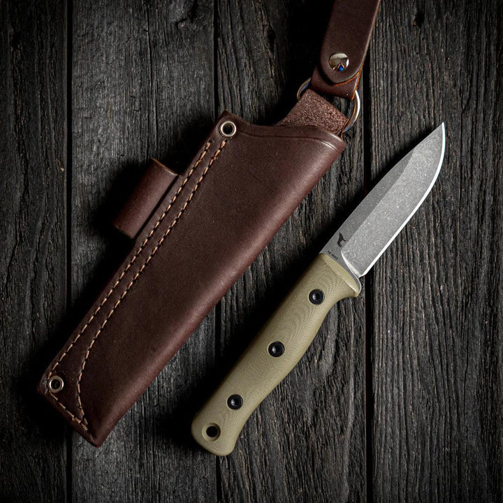 Reiff Knives F4 Bushcraft Survival Knife OD Green G10 Acid Stonewash CPM 3V (leather sheath) - Knives.mx