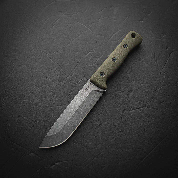 Reiff Knives F6 Leuku Survival Knife OD Green G10 Acid Stonewash CPM 3V (leather sheath) - Knives.mx