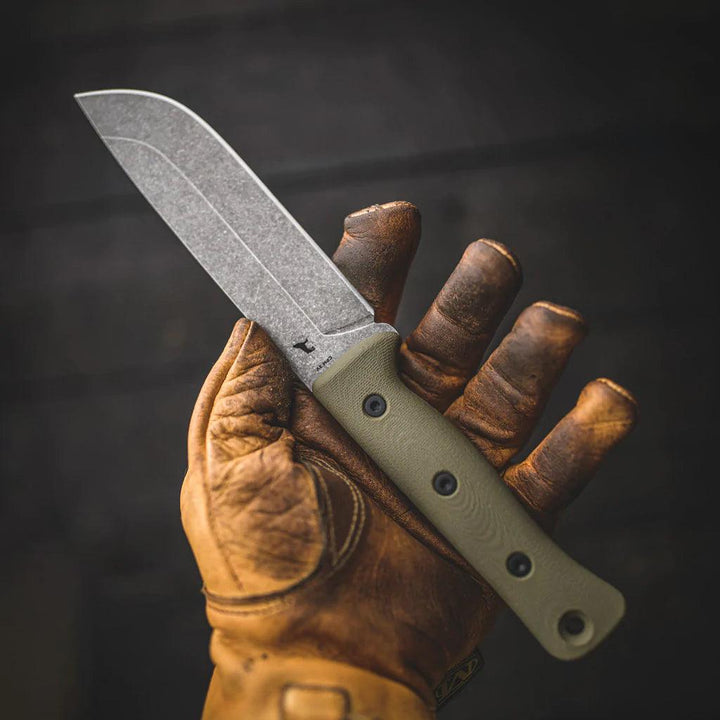 Reiff Knives F6 Leuku Survival Knife OD Green G10 Acid Stonewash CPM 3V (leather sheath) - Knives.mx