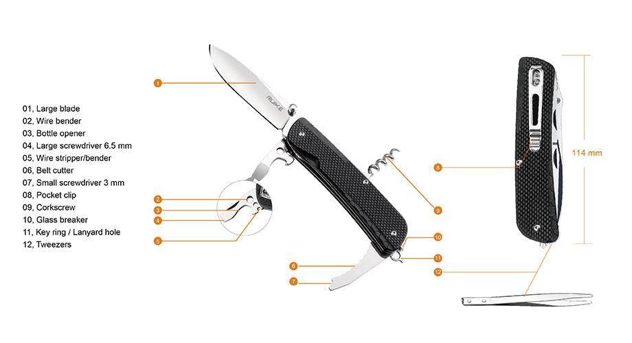 Ruike LD21 Multifunctional Knife Black G10 12C27 Sandvik - Knives.mx