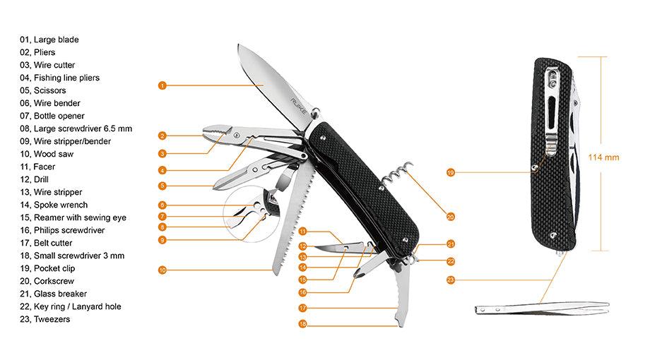 Ruike LD51 Large Multifunction Knife Black G10 12C27MoV Thumbstud Opening - Knives.mx