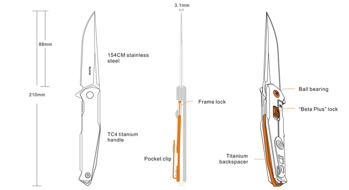 Ruike M108-TZ Framelock Beta Plus Titanium Bead Blast 154CM - Knives.mx