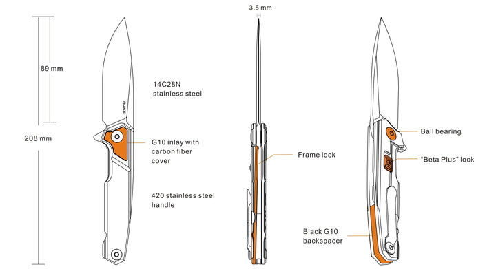 Ruike P875-SZ Framelock w/BetaPlus 14C28N Sandvik - Knives.mx