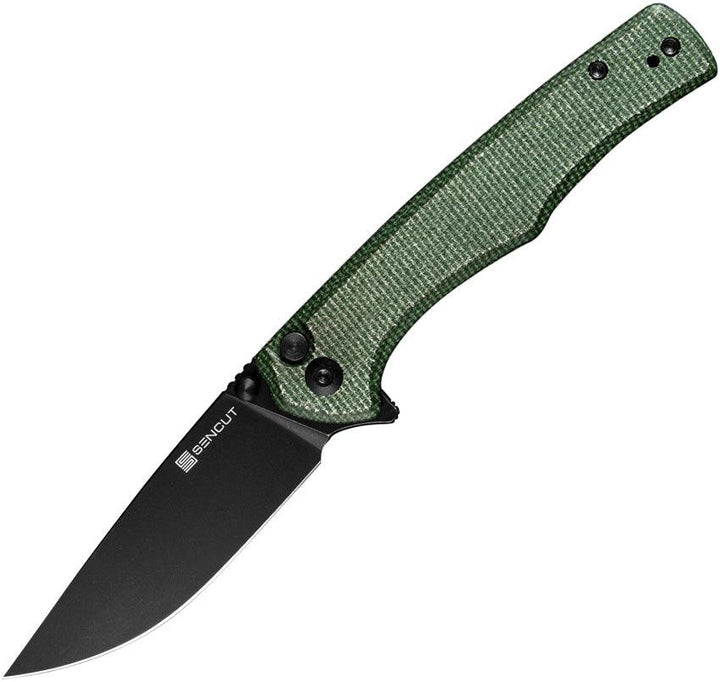 SENCUT Crowley Button Lock Green Micarta Black Stonewash D2 - Knives.mx