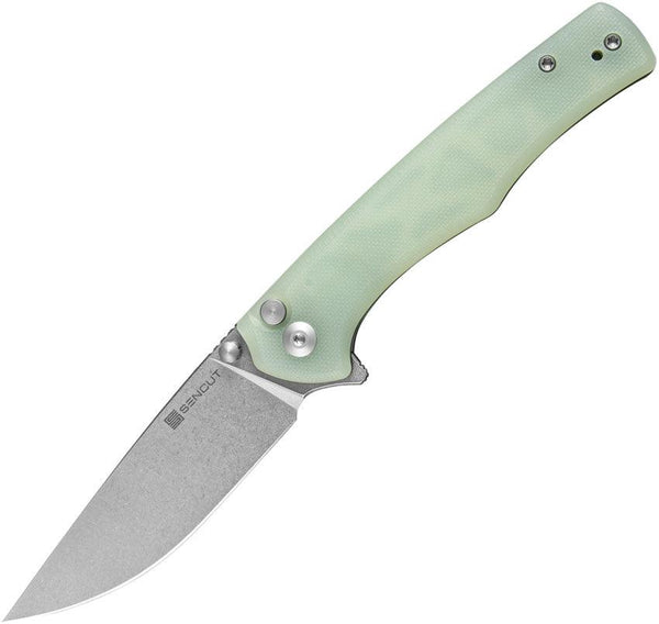 SENCUT Crowley Button Lock Jade G10 Stonewash D2 - Knives.mx