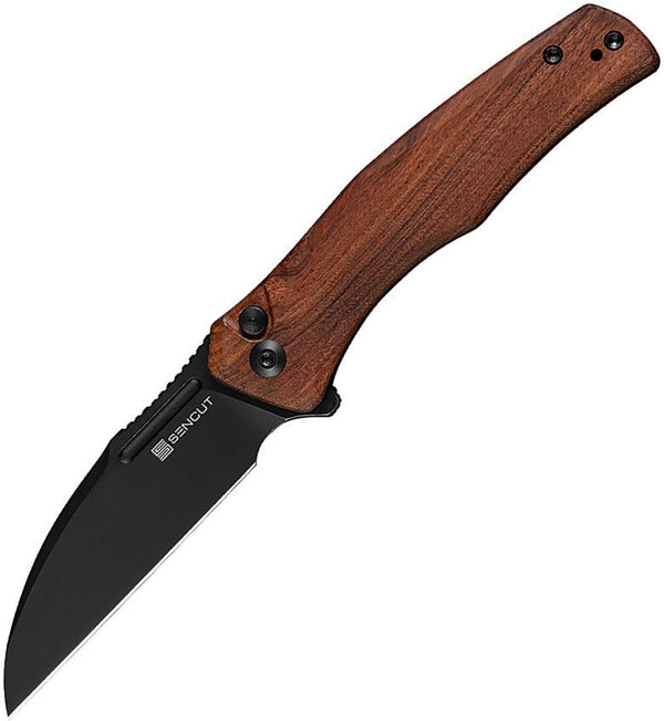 SENCUT Watauga Button Lock Cuibourtia Wood Black Stonewash Wharncliffe D2 - Knives.mx