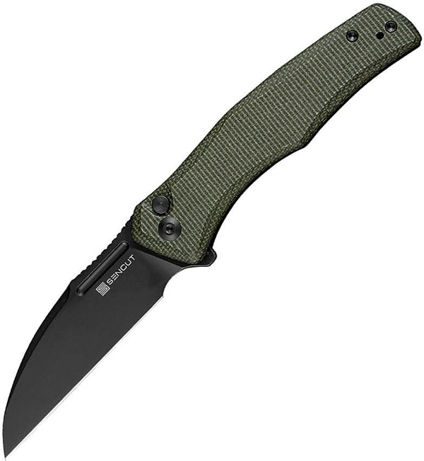 SENCUT Watauga Button Lock Green Micarta Black Stonewash Wharncliffe D2 - Knives.mx