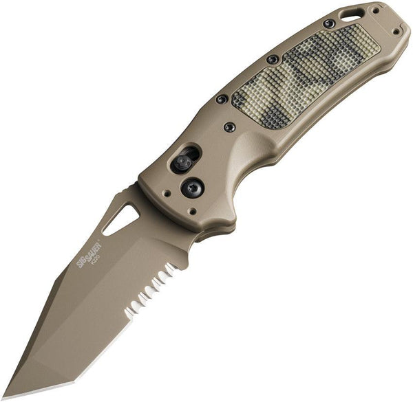 Sig K-320 AXG Button Lock Flat Dark Earth Aluminum Cerakote Tanto Serrated CPM S30V - Knives.mx