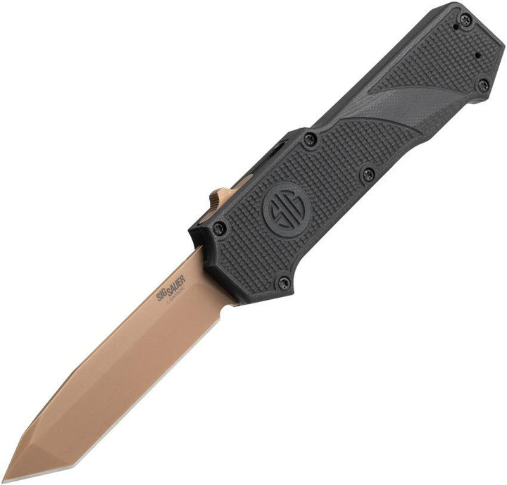 Sig Sauer Auto OTF Compound Black Textured G10 Dark Earth PVD Coated Tanto CPM S30V - Knives.mx