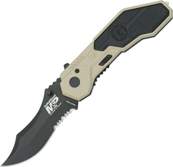 Smith & Wesson Black & Desert Tan Aluminum MAGIC A/O Folder Teflon Coated Serrated Tactical - Knives.mx