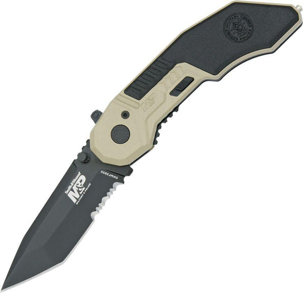 Smith & Wesson Black & Desert Tan Aluminum MAGIC A/O Folder Teflon Coated Serrated Tanto - Knives.mx