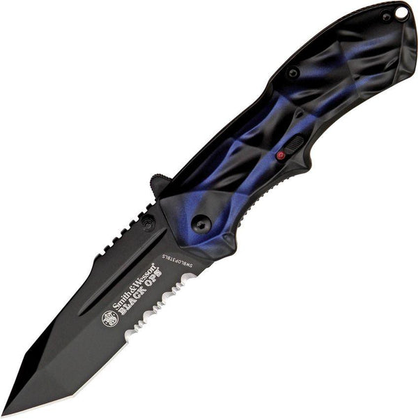 Smith & Wesson Black Ops Linerlock A/O Blue & Black Aluminum Tanto Serrated Coated 4034 Stainless - Knives.mx