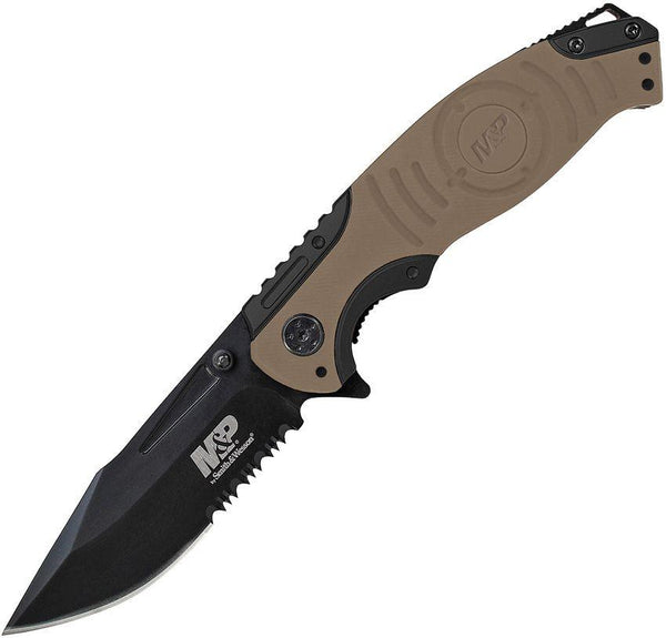 Smith & Wesson Linerlock Black/Tan Rubberized Aluminum Serrated Coated Stainless - Knives.mx