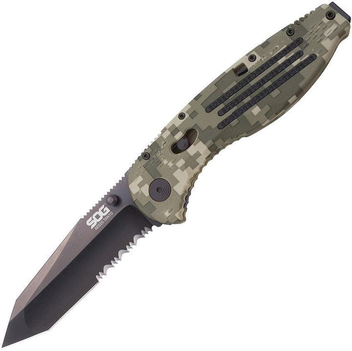 SOG Aegis Piston Lock Camo Tanto Serrated AUS-8 - Knives.mx