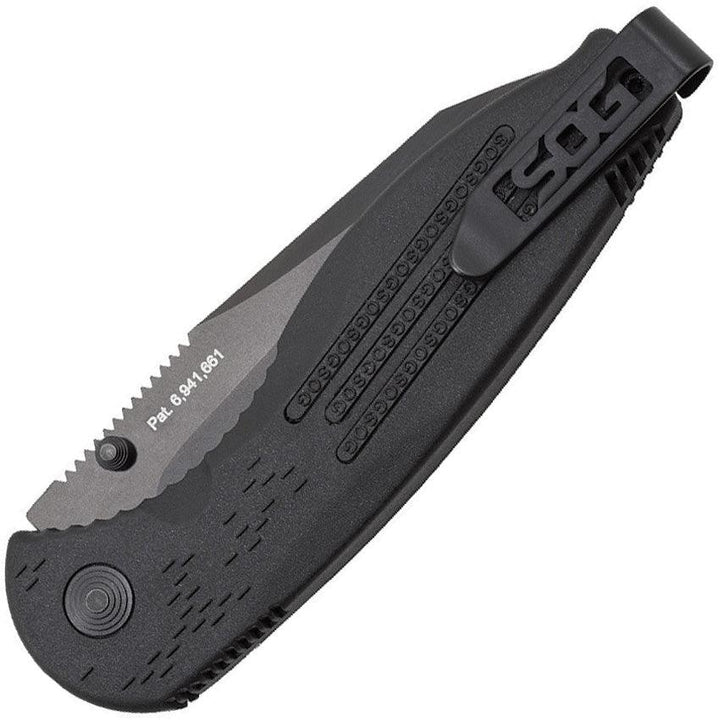 SOG Aegis Piston Lock Tanto Serrated AUS-8 - Knives.mx