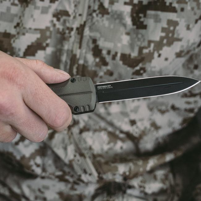 SOG Auto Pentagon OTF Flat Dark Earth Aluminum TiNi Coated CRYO Spear Point S35VN - Knives.mx
