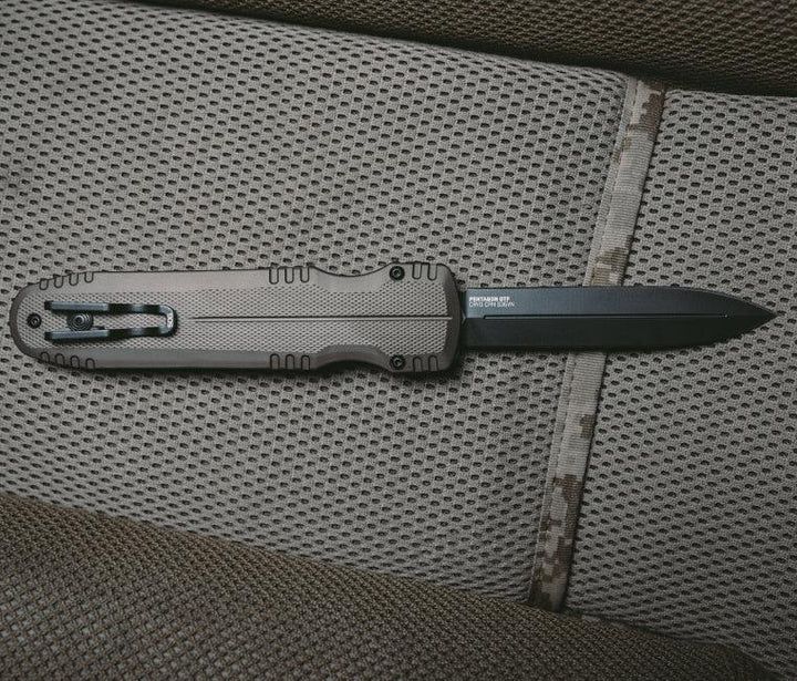 SOG Auto Pentagon OTF Flat Dark Earth Aluminum TiNi Coated CRYO Spear Point S35VN - Knives.mx