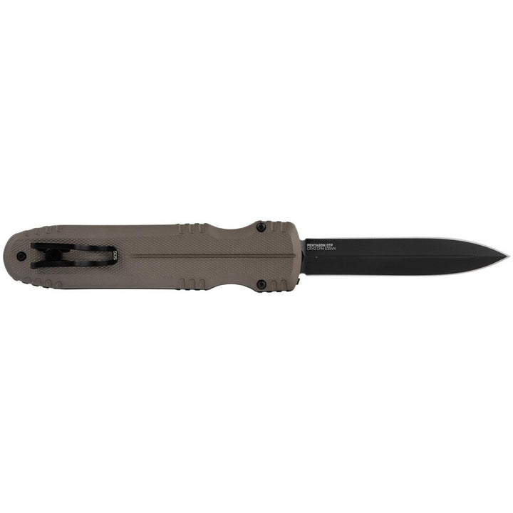 SOG Auto Pentagon OTF Flat Dark Earth Aluminum TiNi Coated CRYO Spear Point S35VN - Knives.mx