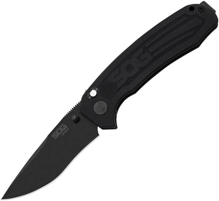 SOG Banner Button Lock USA Black Anodized Aluminum CPM S35VN - Knives.mx