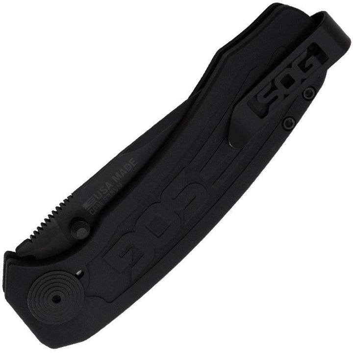 SOG Banner Button Lock USA Black Anodized Aluminum CPM S35VN - Knives.mx