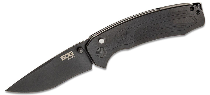 SOG Banner Button Lock USA Black Anodized Aluminum CPM S35VN - Knives.mx