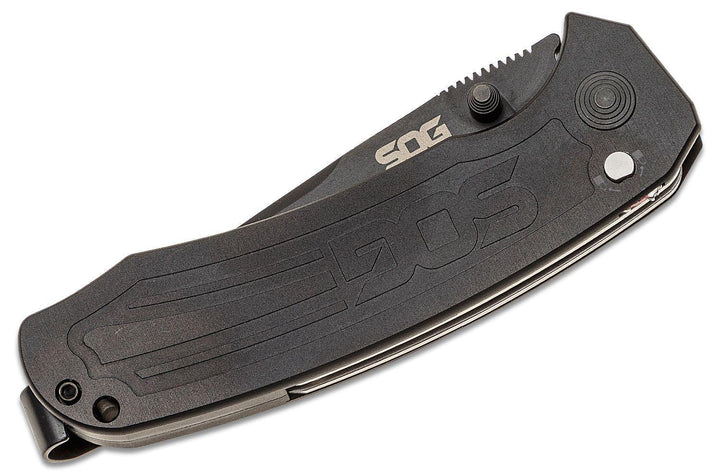 SOG Banner Button Lock USA Black Anodized Aluminum CPM S35VN - Knives.mx