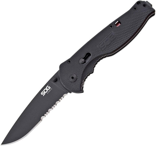 SOG Flash II Piston Lock A/O Drop Point Serrated Black AUS-8 - Knives.mx