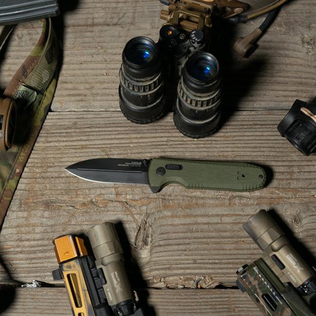 SOG Pentagon XR Lock OD Green G10 Black Titanium Nitride Spear Point CRYO CTS XHP - Knives.mx