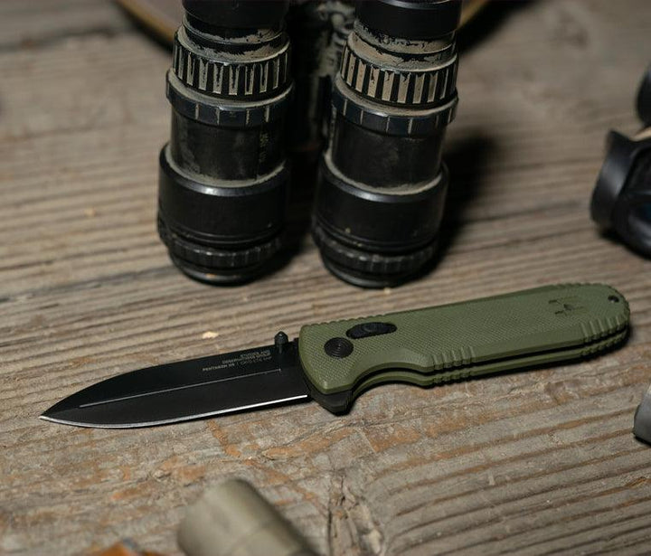SOG Pentagon XR Lock OD Green G10 Black Titanium Nitride Spear Point CRYO CTS XHP - Knives.mx