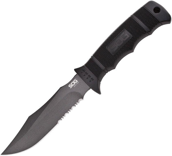 SOG Seal Pup Black GRN Gray Powder Coated Serrated Clip Point AUS-8 (Kydex Sheath) - Knives.mx