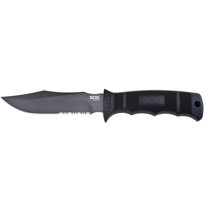 SOG Seal Pup Black GRN Gray Powder Coated Serrated Clip Point AUS-8 (Kydex Sheath) - Knives.mx