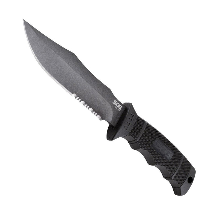 SOG Seal Pup Black GRN Gray Powder Coated Serrated Clip Point AUS-8 (Kydex Sheath) - Knives.mx