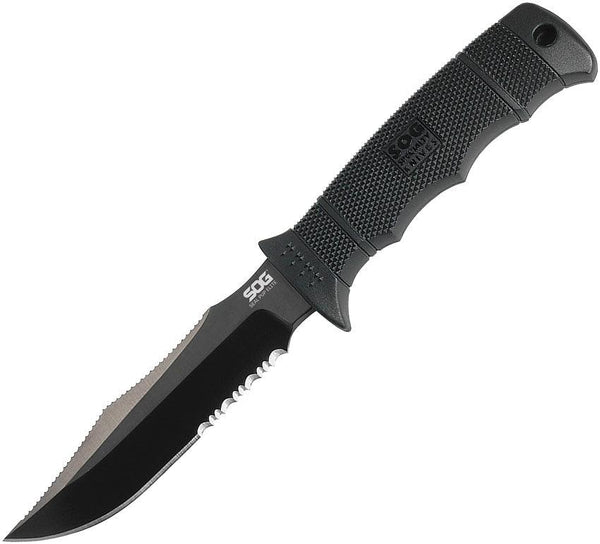 SOG Seal Pup Elite Spine Rasp Black GRN TiNi Coated Serrated AUS-8 (Kydex Sheath) - Knives.mx